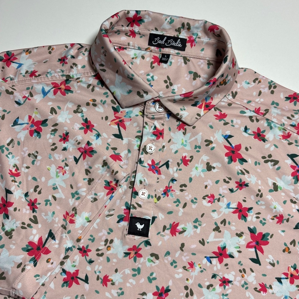Bad Birdie Pink Floral Performance Golf Polo Mens Large Short Sleeve Shirt